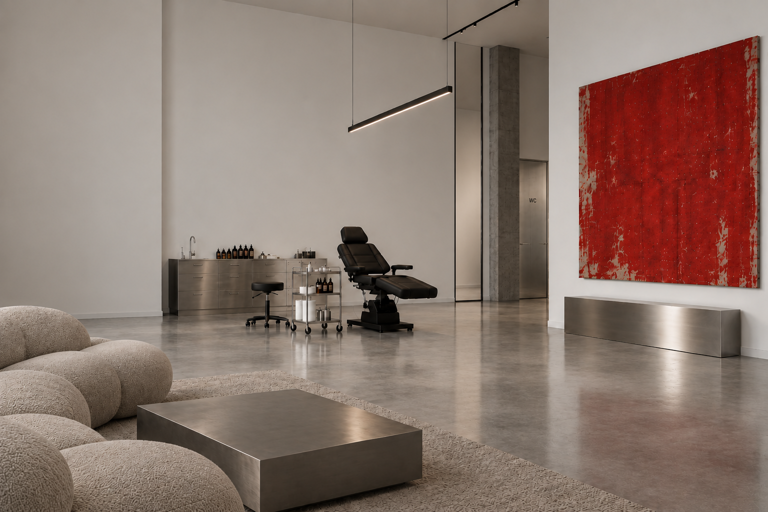 Black tattoo chair and steel cabinetry in the studio