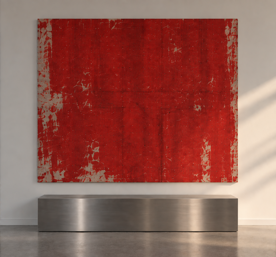 Red artwork above a steel bench in the studio